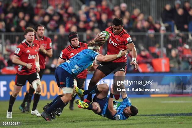 Seta Tamanivalu of the Crusaders charges forward during the round 19 Super Rugby match between the Crusaders and the Blues at AMI Stadium on July 14,...