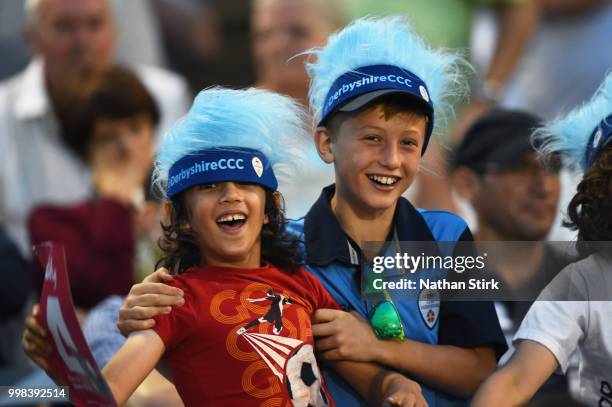 Fans during the Vitality Blast match between Derbyshire Falcons and Notts Outlaws at The 3aaa County Ground on July 13, 2018 in Derby, England.