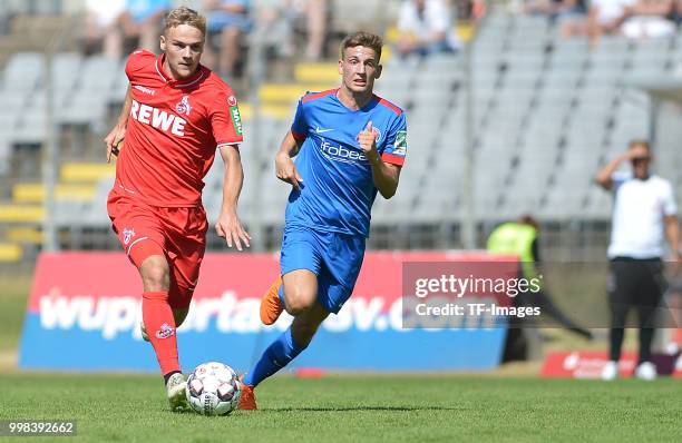 Tim Handwerker of Koeln controls the ball during the friendly match between Wuppertaler SV and 1. FC Koeln on July 8, 2018 in Wuppertal, Germany.