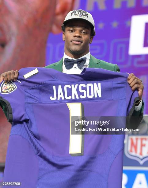 The Baltimore Ravens select Lamar Jackson with the 32nd overall pick during the NFL Draft at AT&T Stadium in Arlington, Texas, on April 26, 2018.