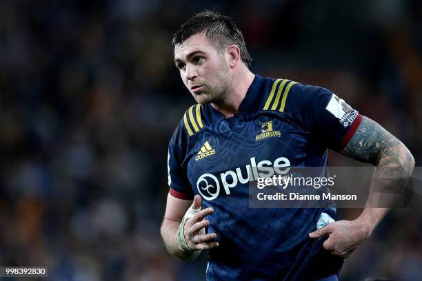 Liam Squire of the Highlanders looks on during the round 19 Super Rugby match between the Highlanders and the Rebels at Forsyth Barr Stadium on July...
