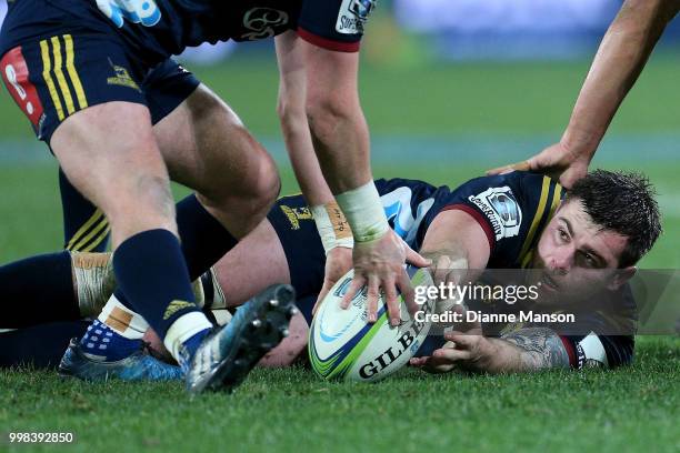 Liam Squire of the Highlanders in action during the round 19 Super Rugby match between the Highlanders and the Rebels at Forsyth Barr Stadium on July...