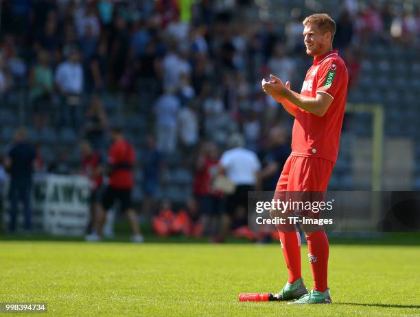 Simon Terodde of Koeln gestures after the friendly match between Wuppertaler SV and 1. FC Koeln on July 8, 2018 in Wuppertal, Germany.