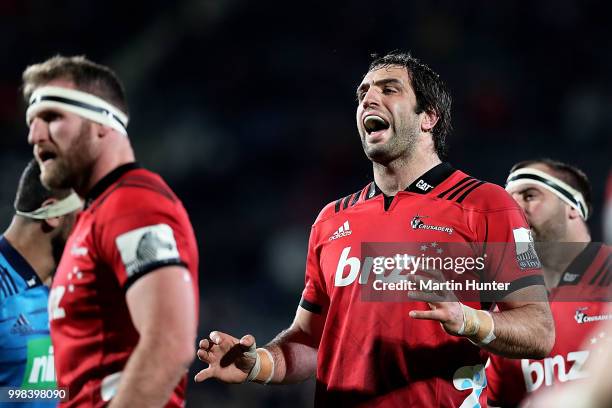 Kieran Read and Sam Whitelock of the Crusaders during the round 19 Super Rugby match between the Crusaders and the Blues at AMI Stadium on July 14,...