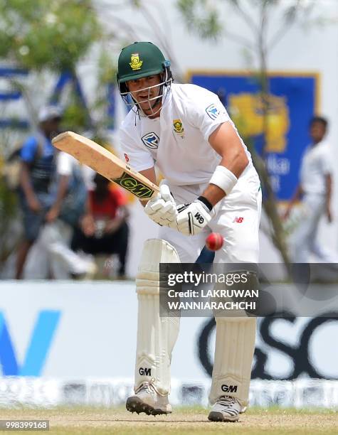 South Africa's Aiden Markram plays a shot during the third day of the opening Test match between Sri Lanka and South Africa at the Galle...