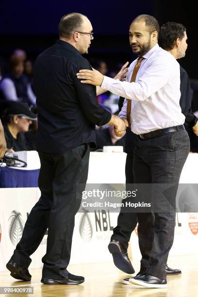 Coaches Trent Adam of the Mountainairs and Kevin Braswell of the Saints shake hands after the NZNBL match between Wellington Saints and Taranaki...