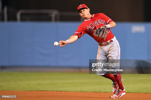 Ian Kinsler of the Los Angeles Angels of Anaheim in action during the MLB game against the Los Angeles Dodgers at Dodger Stadium on July 13, 2018 in...