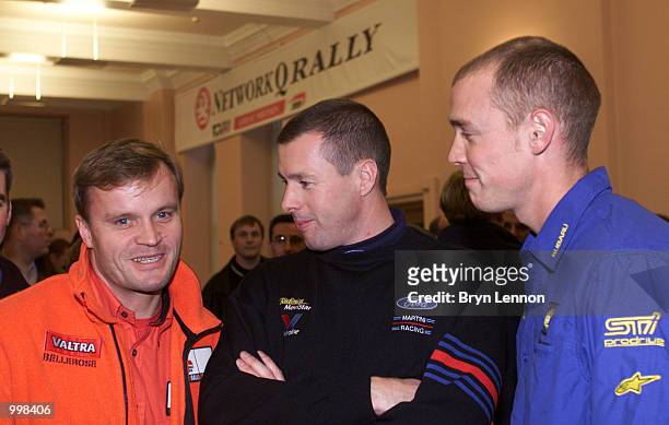 World Rally Championship rivals Tommi Makinen of Finland and Mitsubishi, Colin Mcrae of Scotland and Ford and Richard Burns of England and Subuaru...