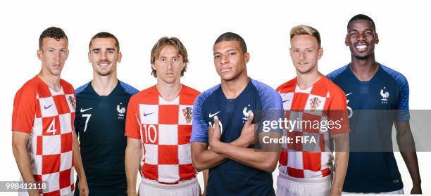 In this composite image a comparison has been made between Antoine Griezmann, Kylian Mbappe,Paul Pogba of France and Ivan Perisic, Luka Modric,Ivan...