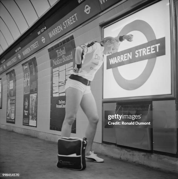 English track and field athlete Mary Rand at Warren Street Underground Station after running from the GPO Tower, now known as BT Tower, during the...