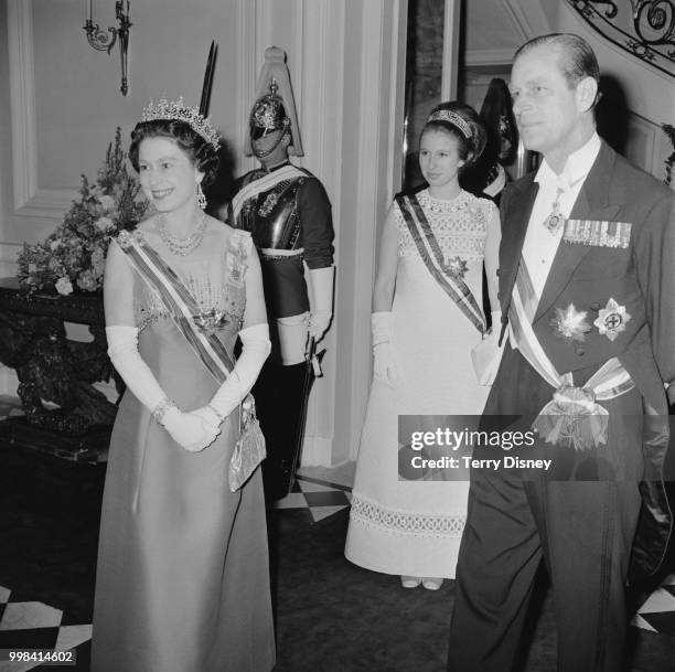 Queen Elizabeth II, Prince Philip and Princess Anne on an official visit to Austria at the British Embassy in Vienna, 9th May 1969.