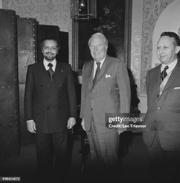 Prime Minister of the United Kingdom Edward Heath pictured in centre with Shiekh Ahmed Zaki Yamani , Saudi Minister of Petroleum and Mineral...