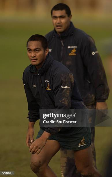 Australian Rugby Union player's Steve Kefu with his brother Toutai Kefu during training today, at the Cardiff University Sports Grounds, Cardiff,...