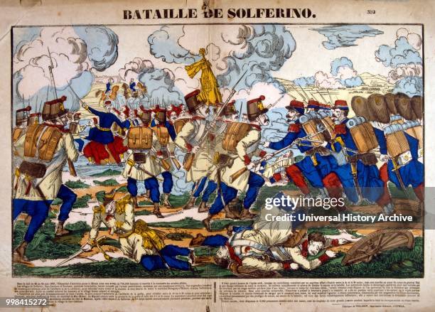French illustration of the Battle of Solferino on 24 June 1859 resulted in the victory of the allied French Army under Napoleon III and Sardinian...