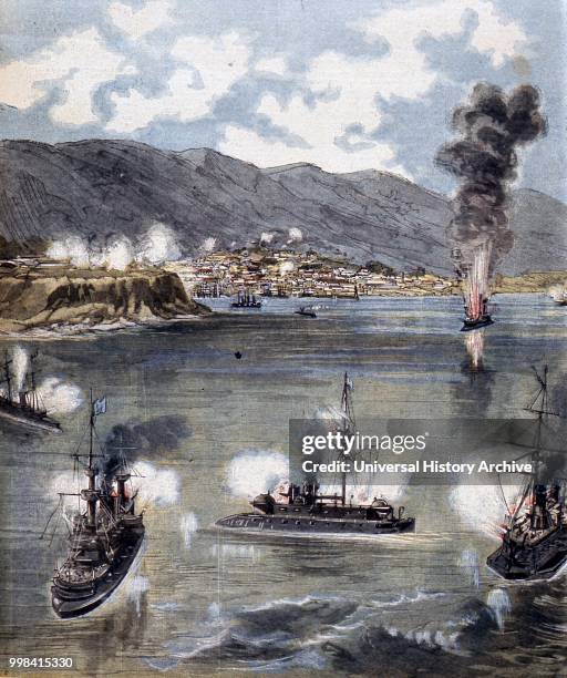 Revolution in Chile 1891. The rebel fleet bombarding the town of Valparaiso. French illustration.