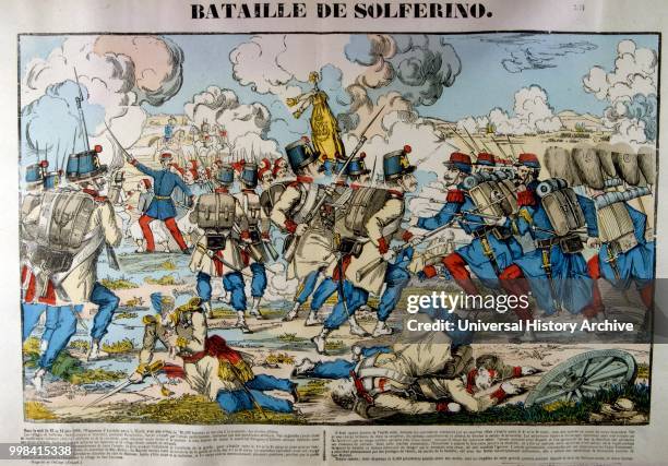 French illustration of the Battle of Solferino on 24 June 1859 resulted in the victory of the allied French Army under Napoleon III and Sardinian...
