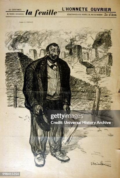 Drawing of a poor factory worker against an industrial landscape, by Alexandre Steinlen , a Swiss-born French Art Nouveau painter and printmaker.