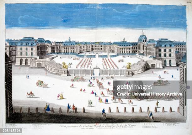 18th century, coloured illustration showing the Palace of Versailles a royal chateau in Versailles in the ile-de-France region of France. Versailles...