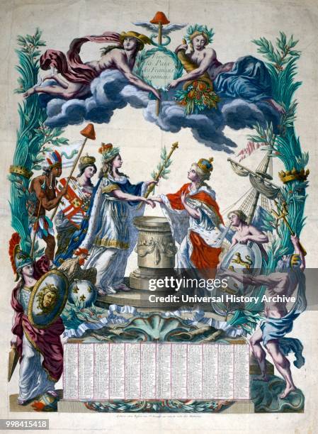 French allegory illustrating the Treaty of Paris, 1783. Signed in Paris by representatives of King George III of Great Britain and representatives of...