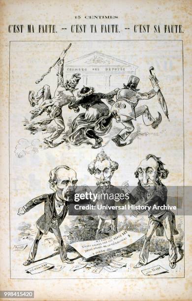 Satirical French cartoon concerning the legislative election, 1885. Clemenceau, Rochefort and Jules Ferry are depicted.