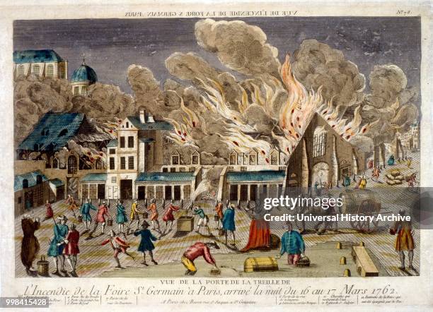 Coloured engraving showing the fire at St Germain, Paris which began on the evening of 16 March 1762 and continued until 17 March 1762. Men and women...