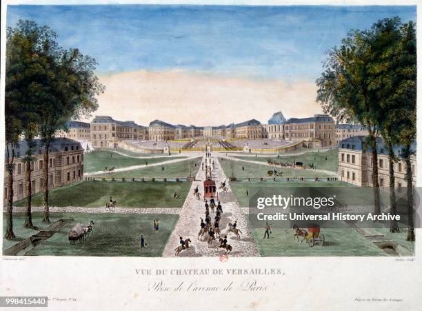 18th century, coloured illustration showing the Palace of Versailles a royal chateau in Versailles in the ile-de-France region of France. Versailles...