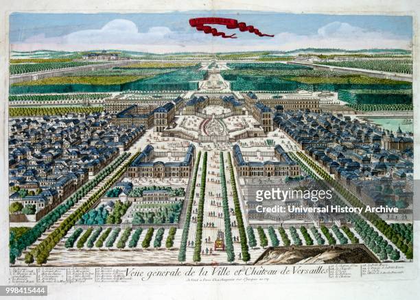 18th century, coloured illustration showing the Palace of Versailles a royal chateau in Versailles in the ile-de-France region of France. Versailles...