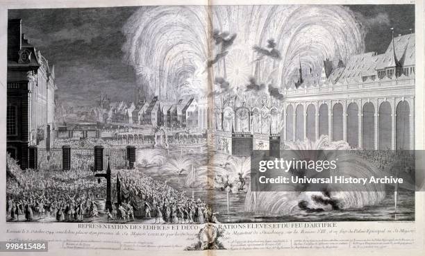 18th century illustration of celebrations for Louis XV, King of France, Reigned 1715-1774 arriving at Strasbourg, 1744. Louis XV , known as Louis the...