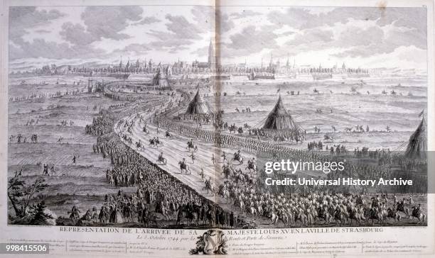 18th century illustration of Louis XV, King of France, Reigned 1715-1774 arriving at Strasbourg, 1744. Louis XV , known as Louis the Beloved, was a...