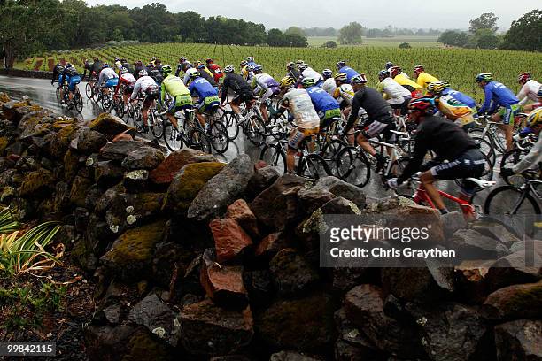 The Peloton passes wine vinyards during stage two of the Tour of California on May 17, 2010 in Napa, California.