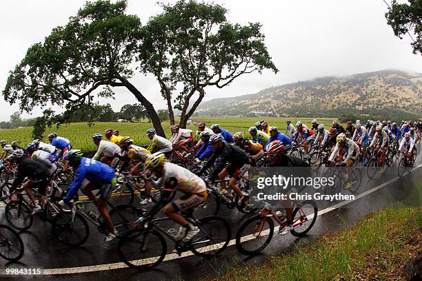 The Peloton passes along wine vinyards during stage two of the Tour of California on May 17, 2010 in Napa, California.