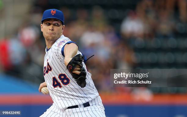 Jacob deGrom of the New York Mets in action against the Philadelphia Phillies during a game at Citi Field on July 11, 2018 in the Flushing...