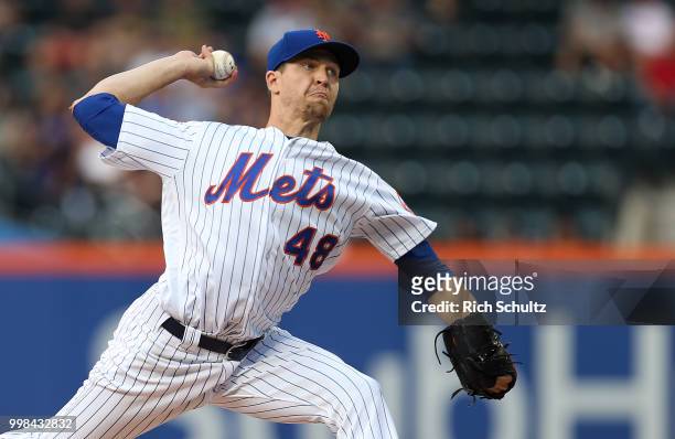 Jacob deGrom of the New York Mets in action against the Philadelphia Phillies during a game at Citi Field on July 11, 2018 in the Flushing...