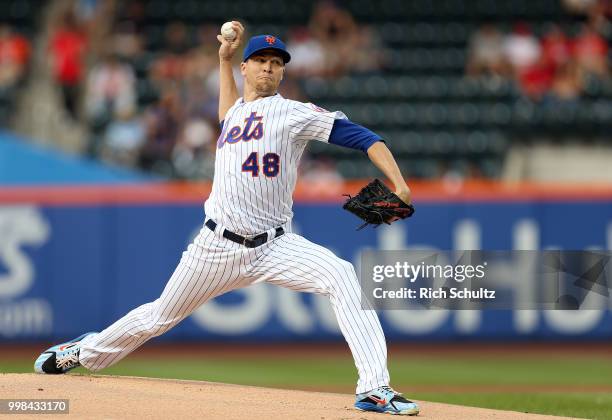 Jacob deGrom of the New York Mets in action against the Philadelphia Phillies during a game at Citi Field on July 11, 2018 in the Flushing...