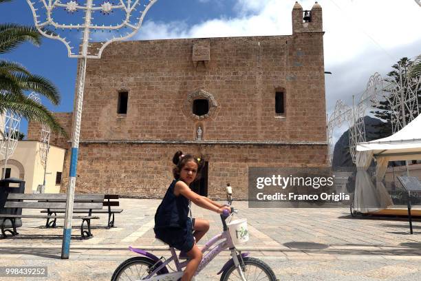 View of San Vito Lo Capo shrine fort on June 08, 2018 in San Vito Lo Capo, Trapani, Italy. San Vito Lo Capo is a small town located in a valley...