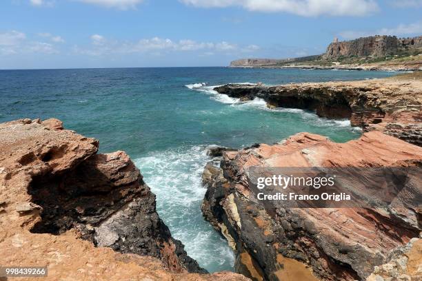 View of San Vito Lo Capo coast on June 08, 2018 in San Vito Lo Capo, Trapani, Italy. San Vito Lo Capo is a small town located in a valley between...