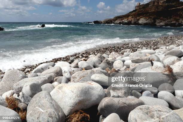 View of San Vito Lo Capo coast on June 08, 2018 in San Vito Lo Capo, Trapani, Italy. San Vito Lo Capo is a small town located in a valley between...