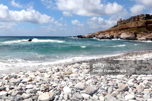 View of San Vito Lo Capo coast on June 08, 2018 in San Vito Lo Capo, Trapani, Italy. San Vito Lo Capo is a small town located in a valley between...