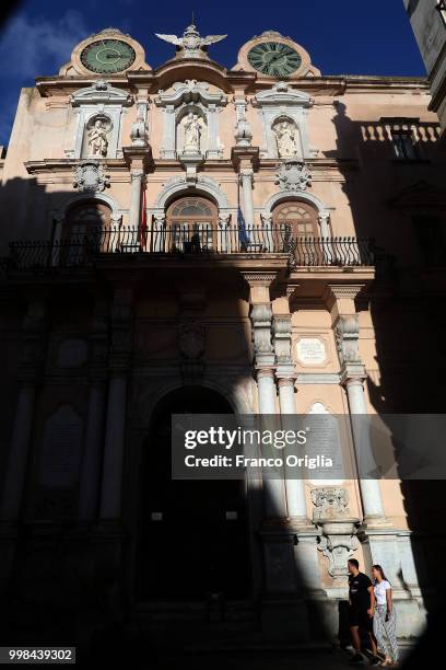 View of 'Cavarretta Palace' Trapani town hall on June 08, 2018 in Trapani, Italy. Trapani is a city and comune on the west coast of Sicily. Founded...