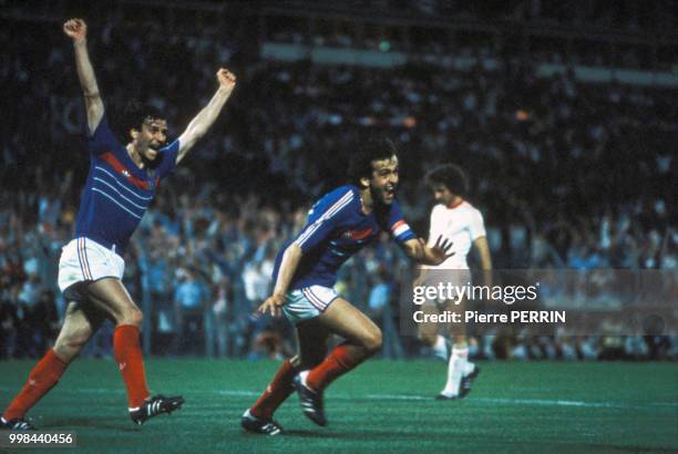 Michel Platini explose de joie lors du match contre le Portugal de la Coupe d'Europe le 23 juin 1984, France.