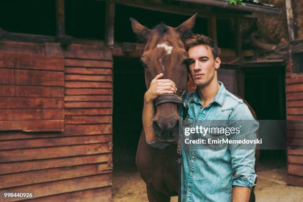 young man stroking a brown horse - horse family stock pictures, royalty-free photos & images