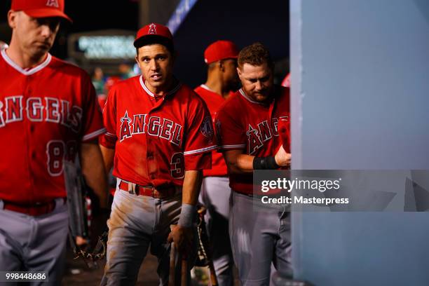 Ian Kinsler of the Los Angeles Angels of Anaheim is seen during the MLB game against the Los Angeles Dodgers at Dodger Stadium on July 13, 2018 in...