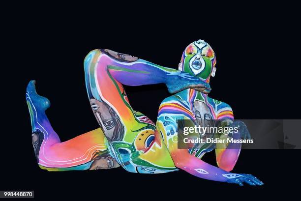 Model, painted by bodypainting artist Vilija from Sweden, poses for a picture at the 21st World Bodypainting Festival 2018 on July 13, 2018 in...