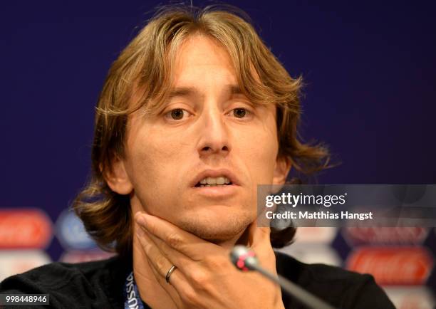 Luka Modric speaks during a Croatia press conference during the 2018 FIFA World Cup at Luzhniki Stadium on July 14, 2018 in Moscow, Russia.