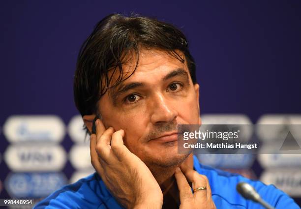 Zlatko Dalic, Head coach of Croatia speaks during a Croatia press conference during the 2018 FIFA World Cup at Luzhniki Stadium on July 14, 2018 in...