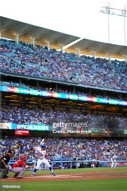 Chris Taylor of the Los Angeles Dodgers at bat during the MLB game against the Los Angeles Angels of Anaheim at Dodger Stadium on July 13, 2018 in...