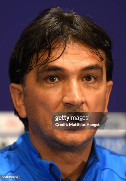 Zlatko Dalic, Head coach of Croatia speaks during a Croatia press conference during the 2018 FIFA World Cup at Luzhniki Stadium on July 14, 2018 in...