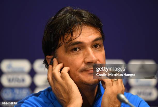 Zlatko Dalic, Head coach of Croatia speaks during a Croatia press conference during the 2018 FIFA World Cup at Luzhniki Stadium on July 14, 2018 in...