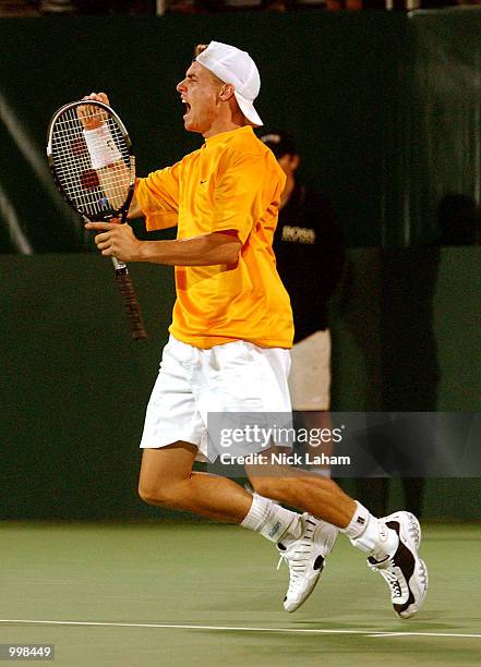 Lleyton Hewitt of Australia celebrates his victory against Jonas Bjorkman of Sweden in the Davis Cup Semi Final match held at the Sydney...