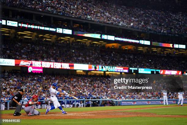 Chris Taylor of the Los Angeles Dodgers at bat during the MLB game against the Los Angeles Angels of Anaheim at Dodger Stadium on July 13, 2018 in...